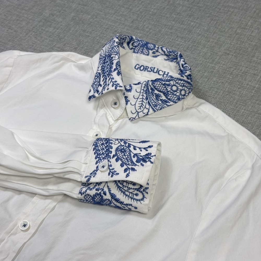 Gorsuch Floral Embroidered Trim Button-Up Shirt Womens 34 White Long Sleeve